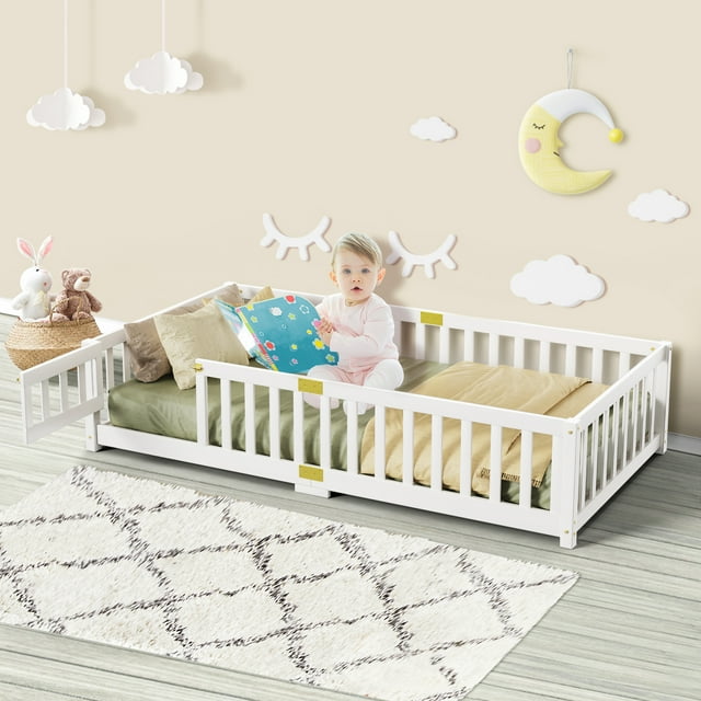 Slsy Lit de Sol pour Tout-Petits, Lit Montessori pour Tout-Petits avec Garde-Corps de Sécurité, Cadre de Lit de Sol pour Enfants Garçons Filles (Simple-Blanc)