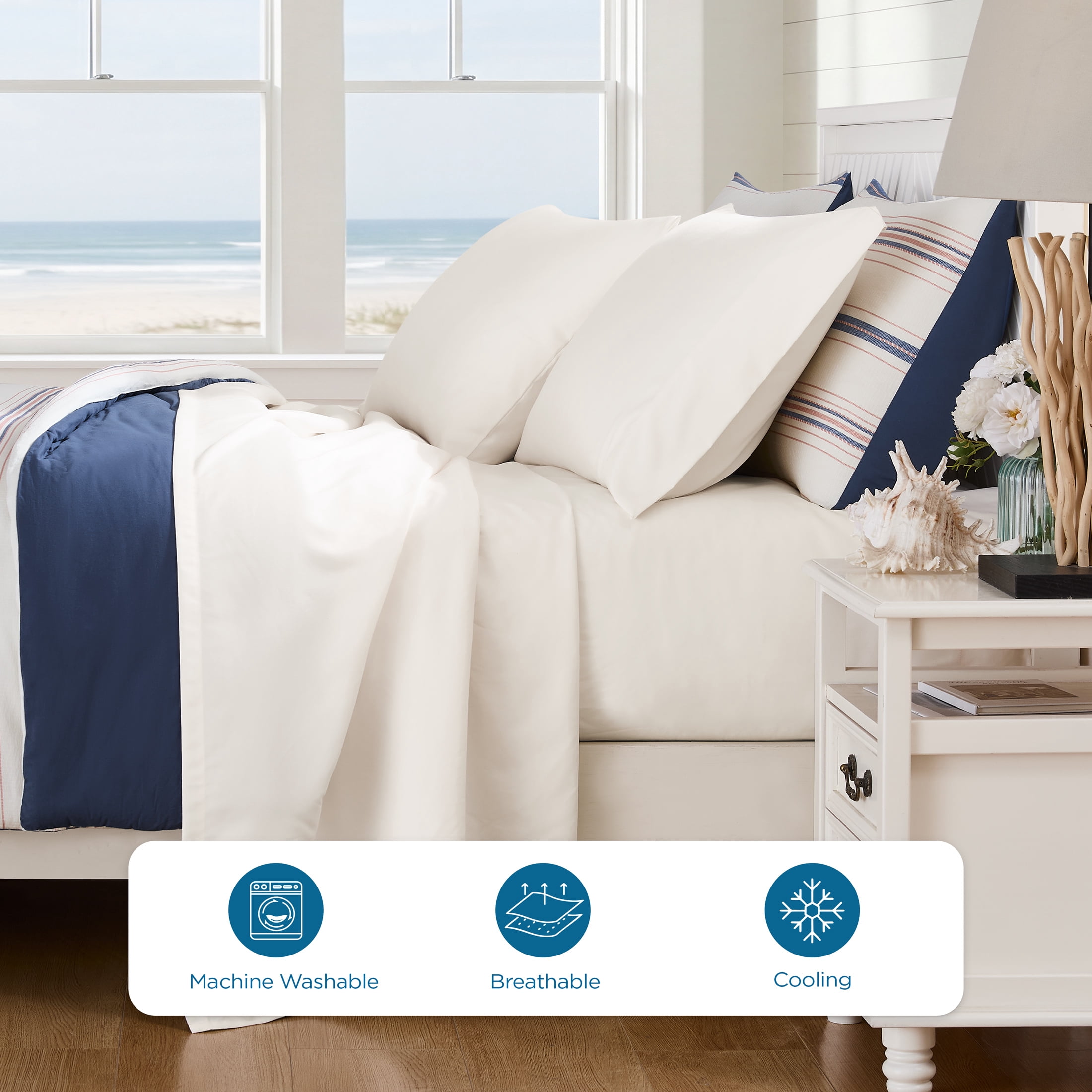 Coastal Living 4-Piece White Soft Brushed Microfiber Luxury Cooling Sheet Set, King
