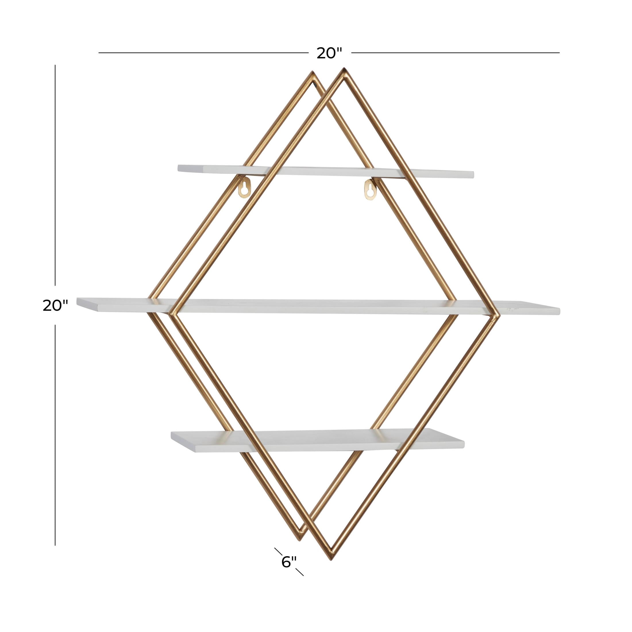 DecMode 20" x 6" 3-Tier Gold Geometric Wall Shelf with Diamond Shape