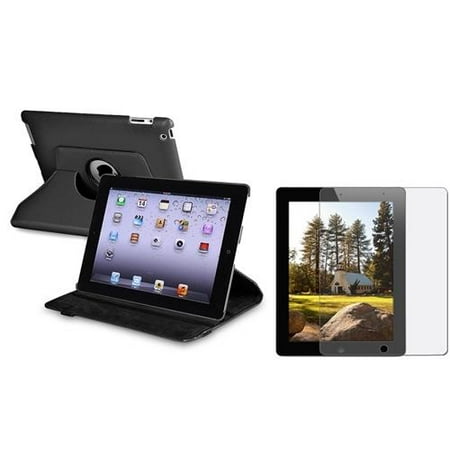 Insten Black 360 Rotating Leather Case Pouch+Anti-Glare Guard for iPad 4 4G /3 3G/2 2G (Supports Auto Sleep/Wake)