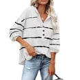 thumbnail image 2 of Blouse Manches Longues V Col Rayé Bouton Cordon à Capuche Casual Tops pour Femme, 2 of 6