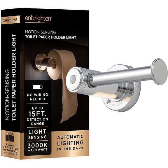 Toilet Paper Holder, Motion Sensing, Night Light, Battery Operated, Bathroom Lighting, Toilet Paper Holder Wall Mount, Toilet Paper Roll Holder, Chrome, 77233