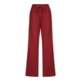 thumbnail image 3 of lcziwo Straight Leg Linen Pants for Women Drawstring Elastic High Waist Strousers with Side Pockets Pant Casual Summer 2025 Trousers Red,XXL, 3 of 5