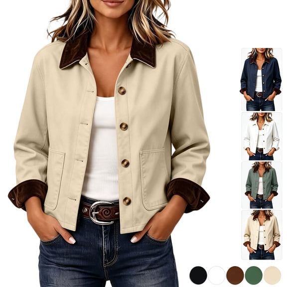 Smsaxvxz Women's Corduroy Collar Cropped Jacket Oversized Khaki Utility Coat Casual Fall Outerwear with Pockets