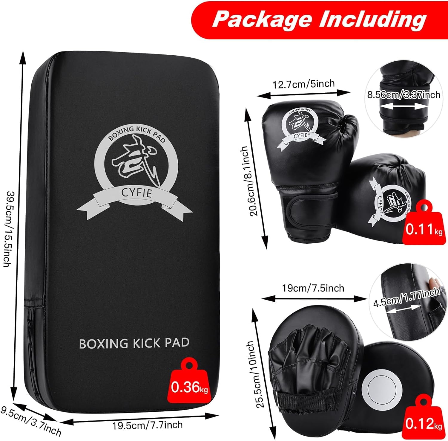 CYFIE 3-in-1 Boxing Stuff with Boxing Gloves & Taekwondo Kick Pad, Punching Mitts for Kids Youth, MMA Karate Muay Thai Training,Black
