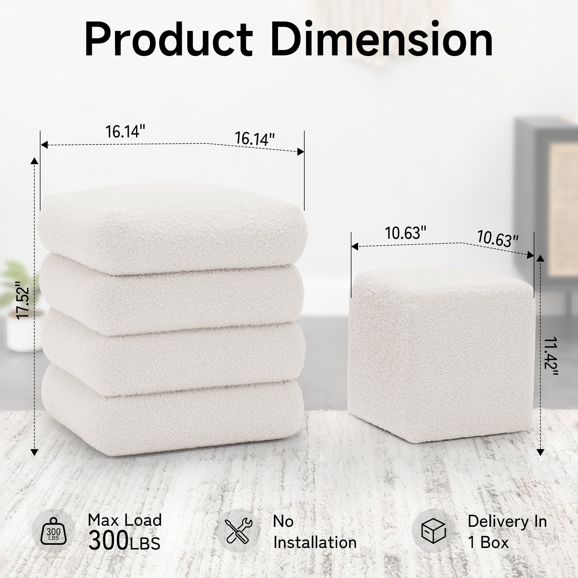 Korser Square Ottoman with Storage Set of 2,Upholstered Teddy Vanity Stool for Living Room,Bedroom,Beige