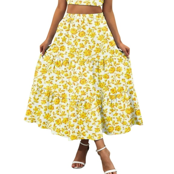 BJUTIR Skirts For Women Boho Line Swing Elastic Long Waist Women Pleated Skirt Dress Summer Tiered Pocket Beach Flowy A Printing Skirt