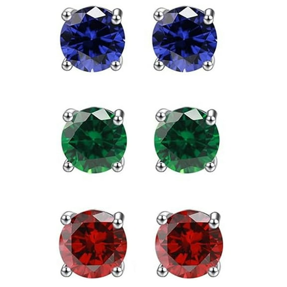 18k White Gold 2Ct Created Blue Sapphire, Emerald & Ruby Round Stud Earrings for Women Plated by Paris Jewelry