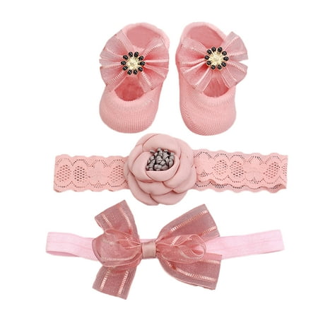

kpoplk Kids Infant Boys Girls Socks Bowknot Hairband Infant Shoes 3pcs Set Toddler Socks Non Slip(B)