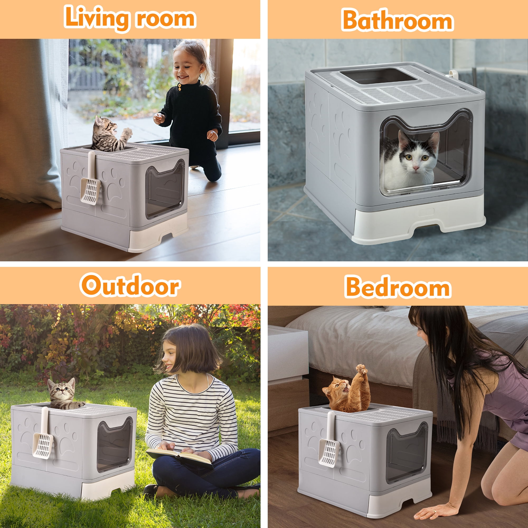Foldable Cat Litter Box with Lid, Extra Large Covered Litter Box with Cat Litter Scoop, Drawer Type Enclosed Kitty Litter Box, Anti-Splashing Cat Litter Toilet Easy Cleaning and Scoop, Gray