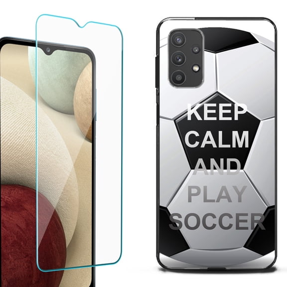 Slim-Fit Flexible TPU Gel Phone Case (black) for Samsung Galaxy A32 5G, with Tempered Glass Screen Protector, by OneToughShield ® - Keep Calm Soccer