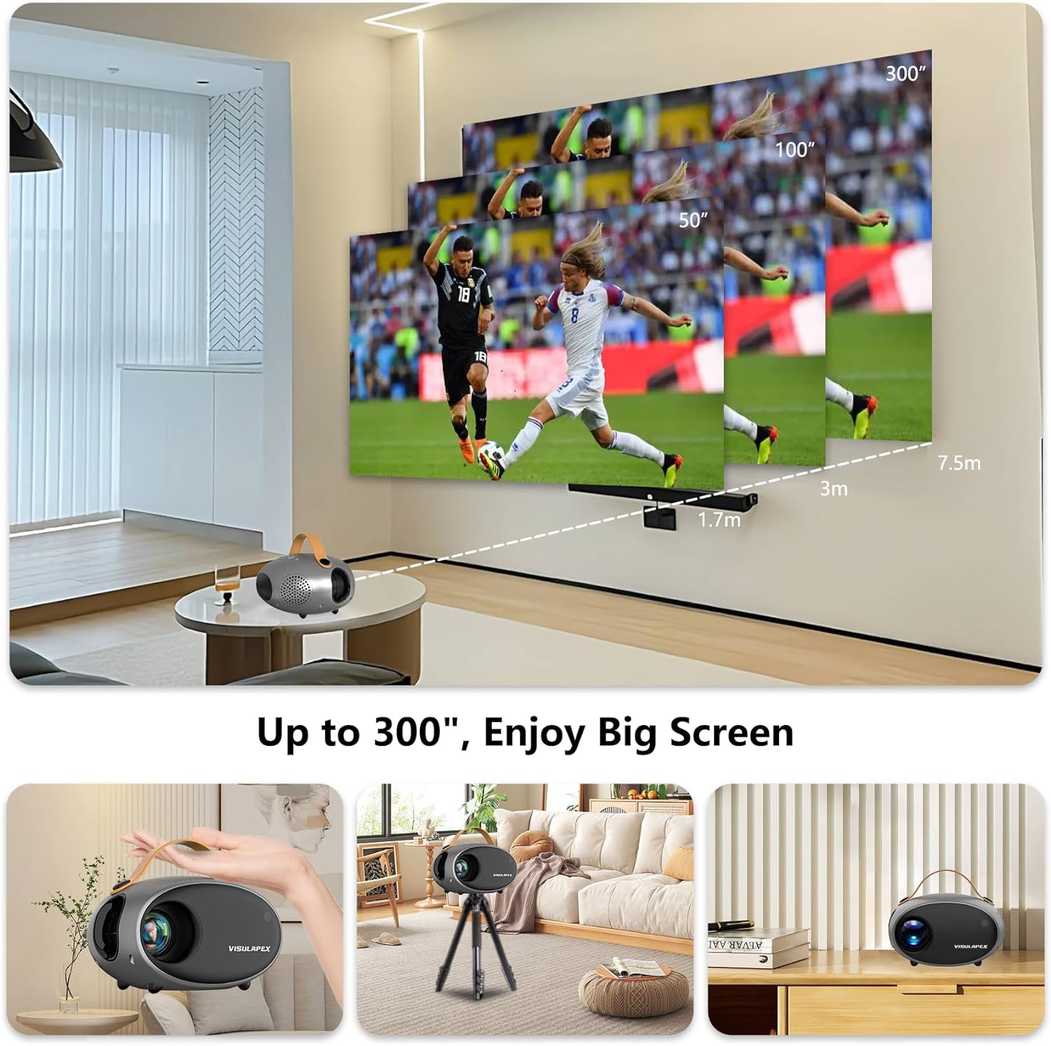 VISULAPEX 5G WiFi Projector with Bluetooth, Zoom Function, HD 1080P Portable Movie Projector for iPhone Outdoor Home Theater