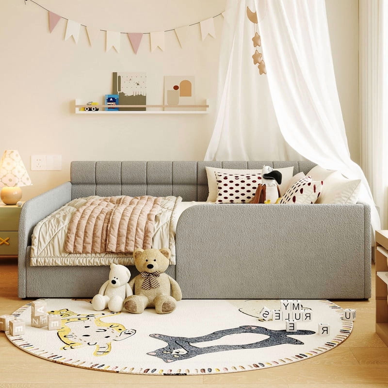 Full Size Boucle Daybed with Metal Drawer on Wheels, Storage Platform Bed Frame with Guardrails, Upholstered Low Profile Bed