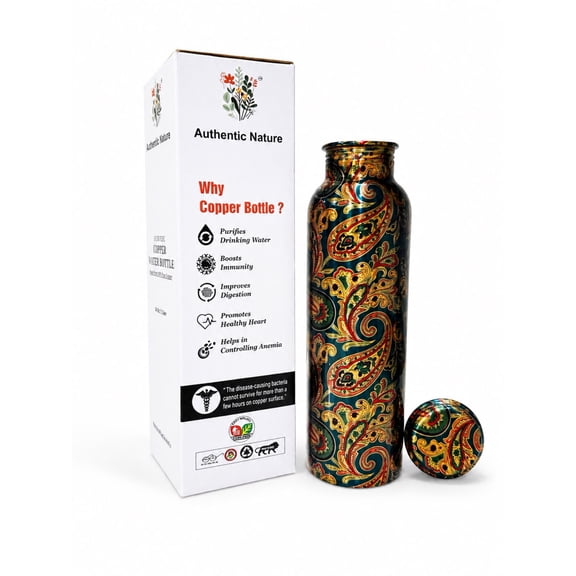 Authentic Nature Ayurvedic Copper Water Bottle, Pure Copper, 1 Litre/34 Oz, Multicolor Designer, With Health Benefits, Handcrafted in India