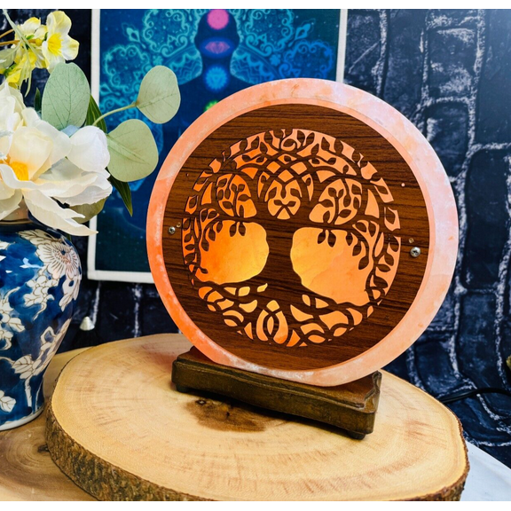 Himalayan Salt Lamp, Carved Wood Sheet Flower of Life, Salt Lamp, Dimmer Switch