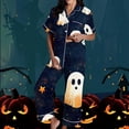 thumbnail image 1 of Pijama de manga corta con cuello vuelto para mujer, con bolsillos y estampado de Halloween, cintura elástica, de poliéster, 1 of 5