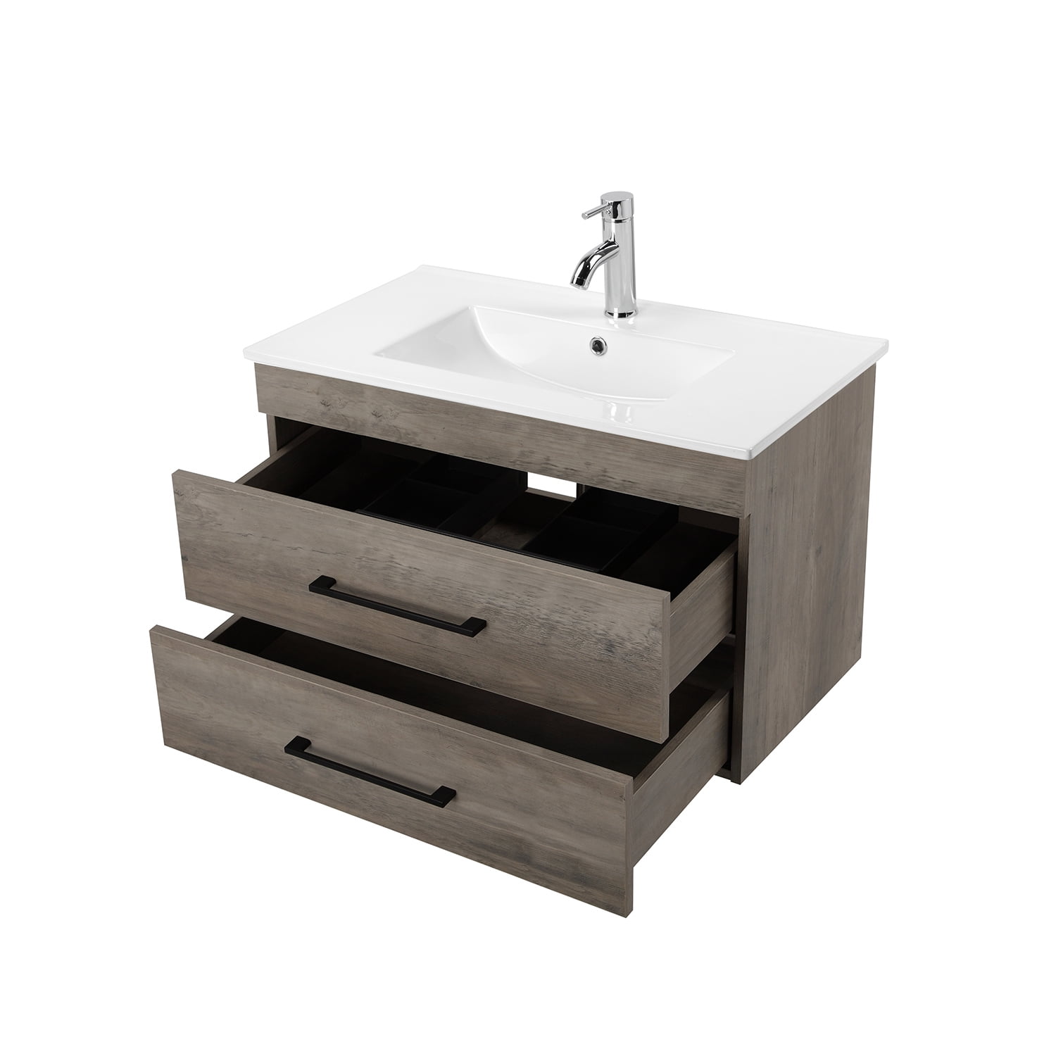 Demi Bonn 32" Wood Grain Wall-Mounted Bathroom Vanity with Ceramic Sink, 2 Soft-Close Drawers and Aluminum Frame Mirror, Faucets and Drains Not Included, Gray