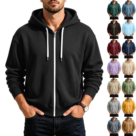 Full Zip Hoodies for Men,Long Sleeve Hooded Sweatshirt,Solid Color Casual Hooded Jacket with Pockets for City Walking