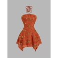 thumbnail image 3 of Orange Floral Beaded Halter Mini Dress With Embroidered Corset Fit And Asymmetrical Hem, 3 of 8