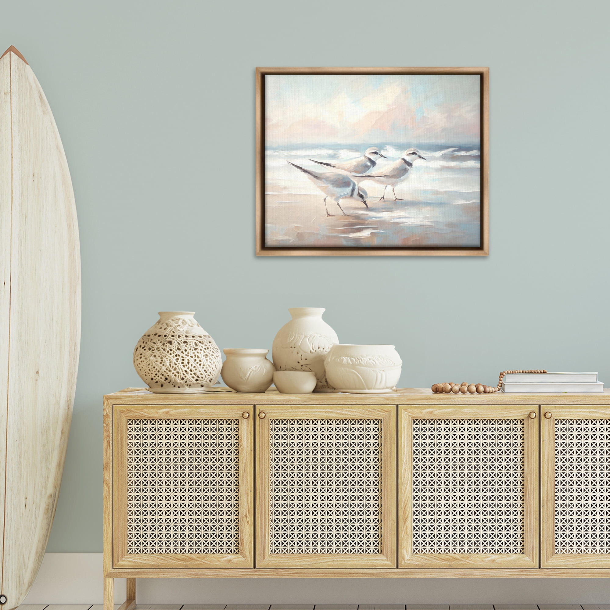 Stupell Industries Bay with Beach Birds Coastal Painting Brown Floater Framed Canvas Art Print Wall Art, 31 x 25