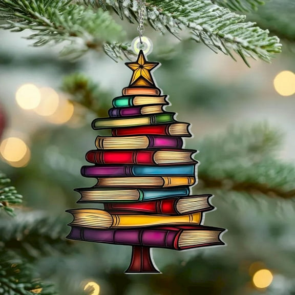 Stack of Books Christmas Ornament, Xmas Tree Ornament Bookish Gifts for Book Lovers, Librarians, Reader, Bookworm, Book Club, Acrylic Book Themed Present Ideas for Women