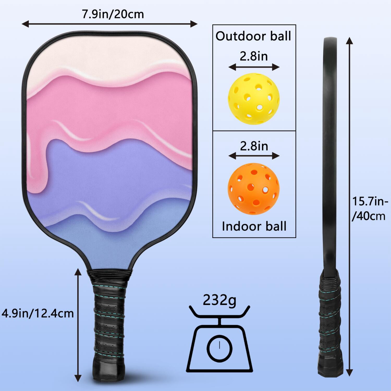 Pickleball Paddles Set Of 1, Fiberglass Surface, Sweet Candy Print, 1 Paddle, 2 Balls & Bag