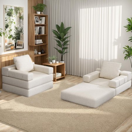 Domiluxe Convertible Single Sofa Bed,Linen Fabric Folding Sofa Bed with Comfortable Thick Cushion and Armrests,Sleeper Couch for Living Room Bedroom Guest Apartment,Creamy White