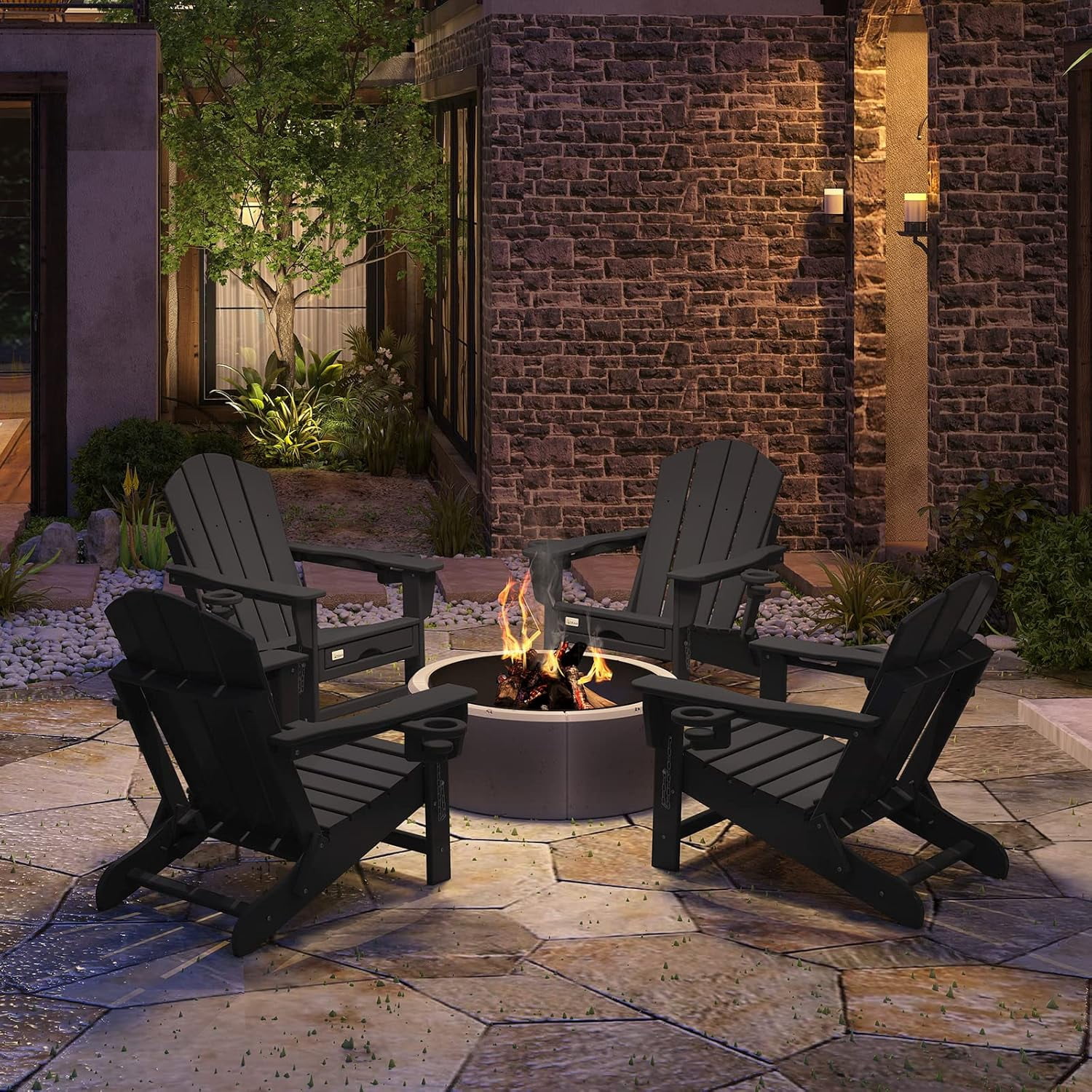 Erinnyees Folding Adirondack Chair with Retractable Ottoman, HDPE All-Weather Fire Pit Chair with 2 Cup Holders, Outdoor Chair for Deck Patio Garden Backyard Lawn