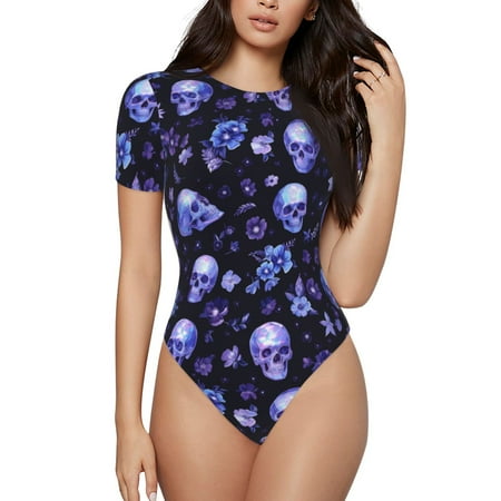 Gaeub Skull flower leaf purple Print Women s Short Sleeve One Piece Swimsuit Sexy High-Waisted Bodysuit Bathing Suit for Swimming  Beach  Sports-XX-Large