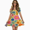 thumbnail image 2 of Vibrant Floral Framed Artwork Print Women Dress V-Neck Short Sleeve Flowy Swing Party Midi Dress, 2 of 4