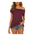 thumbnail image 1 of New Women's Off The Shoulder Tops Casual Short Sleeve T Shirts Solid Color Blouse, 1 of 2