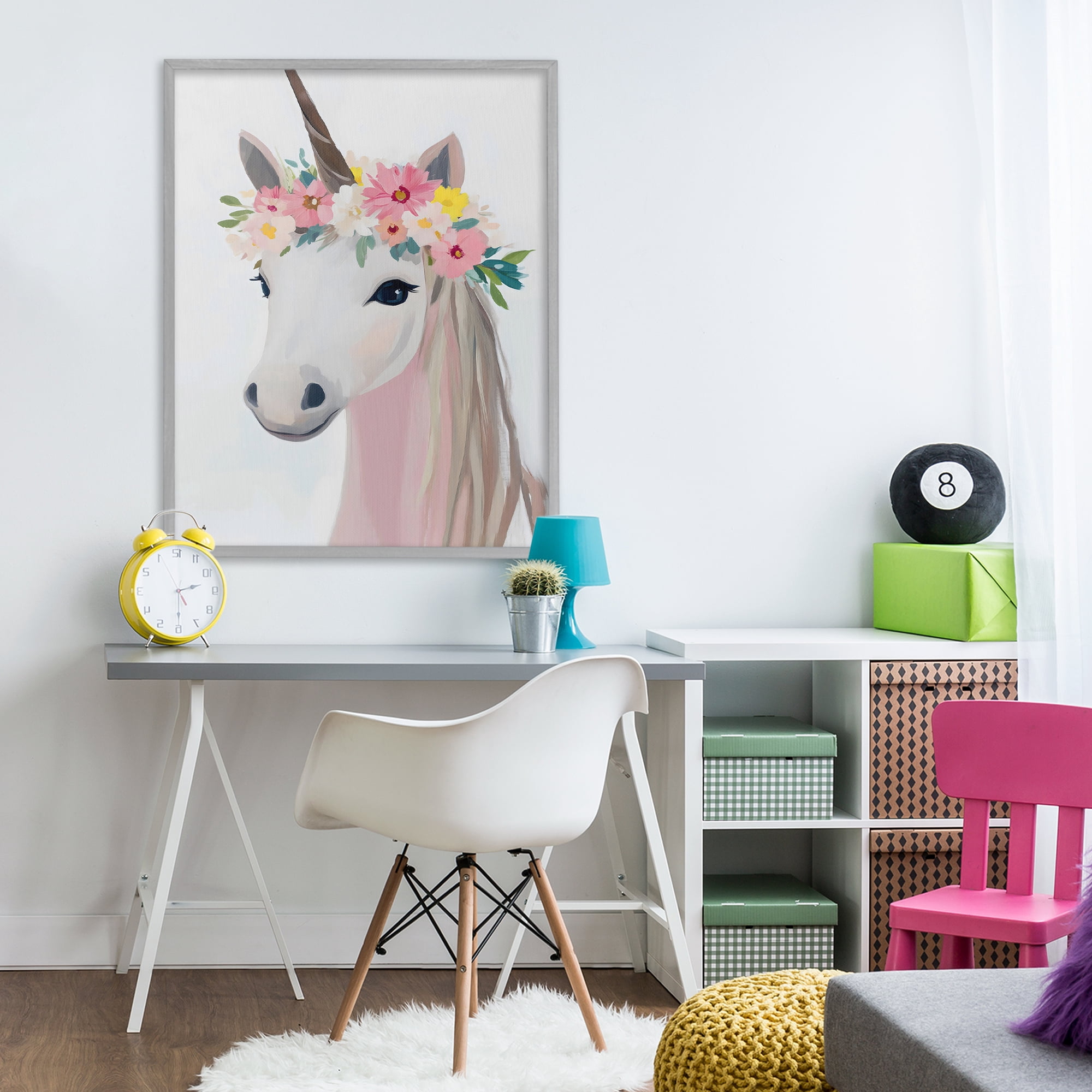 Stupell Industries Flower Crown Unicorn Gray Framed Giclee Art, design by The Prints Vibe