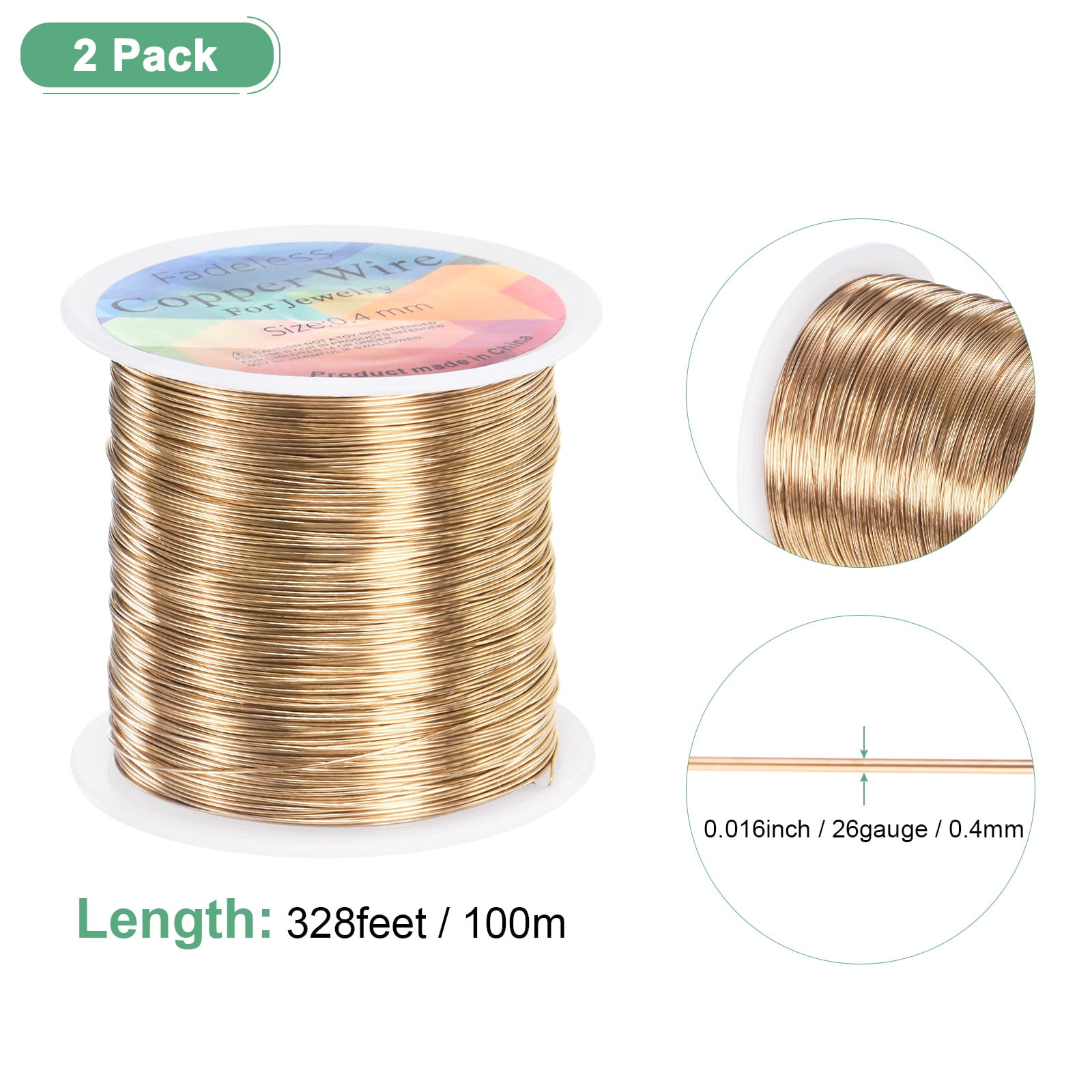 Uxcell 2 Rolls 0.4mm Jewelry Wire 26 Gauge 328FT Copper Beading Wire Jewelry Making Planting Weaving DIY 100M Champagne Gold