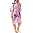 thumbnail image 4 of Womens Satin Robes Floral V-Neck 3/4 Sleeve Bride Bridesmaids Nightgown Peacock Print Bathrobe 2XL Pink, 4 of 5