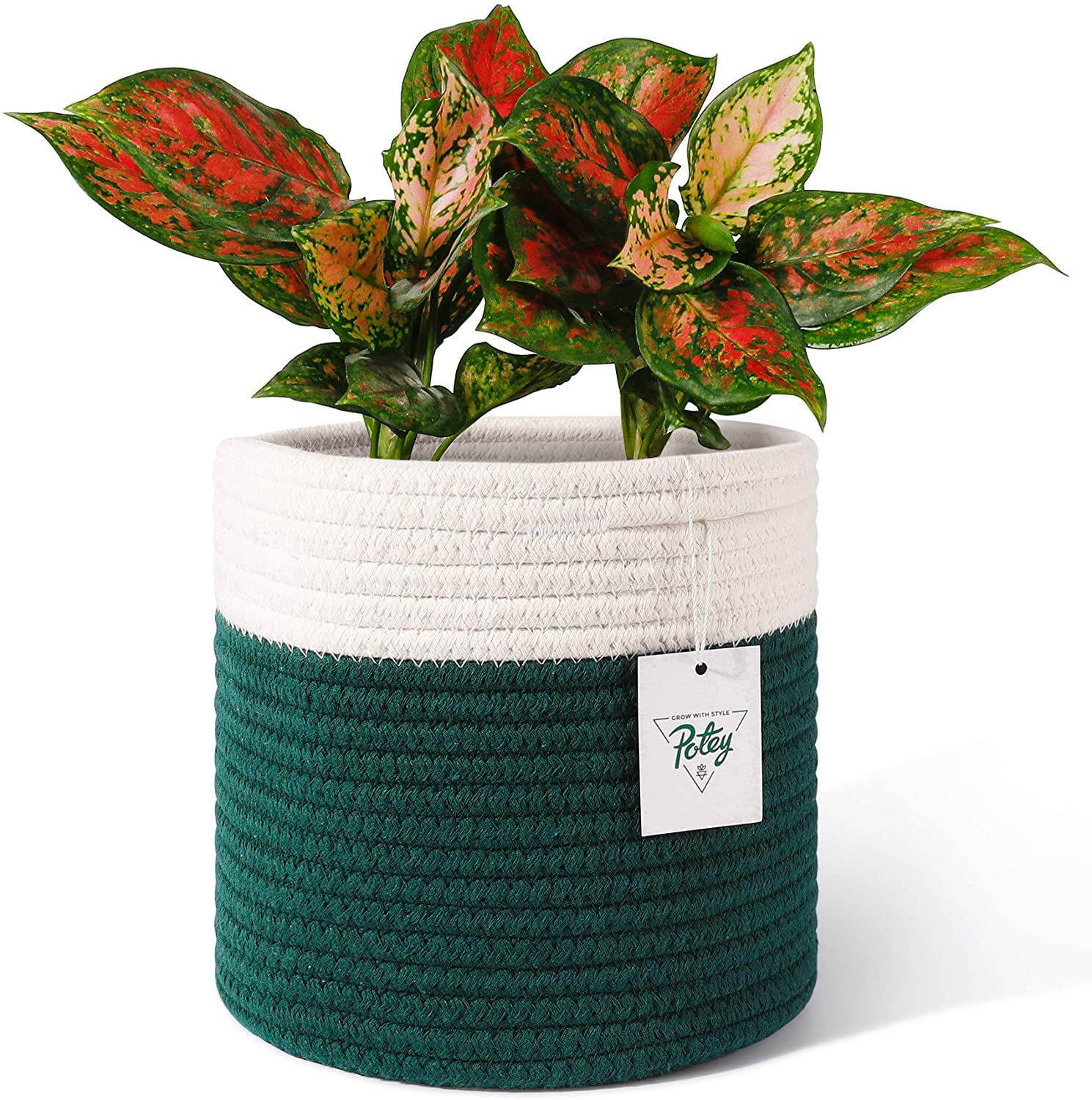 POTEY 8x7.5 Basket Planters for Indoor Plants Sturdy Woven Rope Organizer with Handle White Dark Green Stripes Small up to 7.5 Inch Flower Pot 