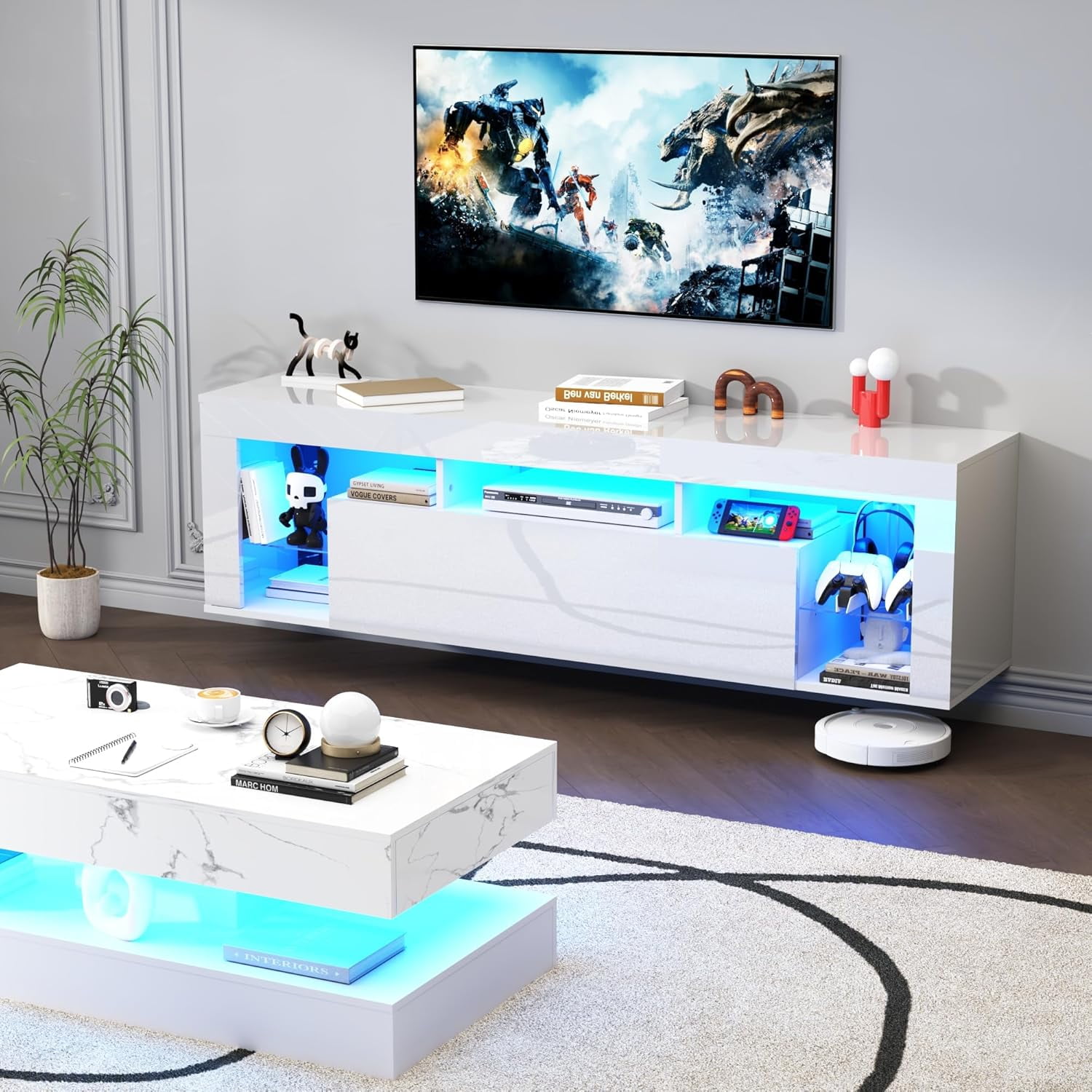 ChVans Floating TV Stand for TV's up to 75", Wall Mounted Floating Entertainment Center with LED Lights, Modern Wood TV Cabinet for Living Room, Bedroom,White