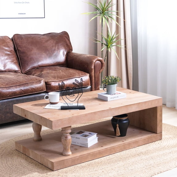 GDF Studio 47.2" Farmhouse Coffee Table with Shelf, Rectangular Wood Living Room Table, Natural