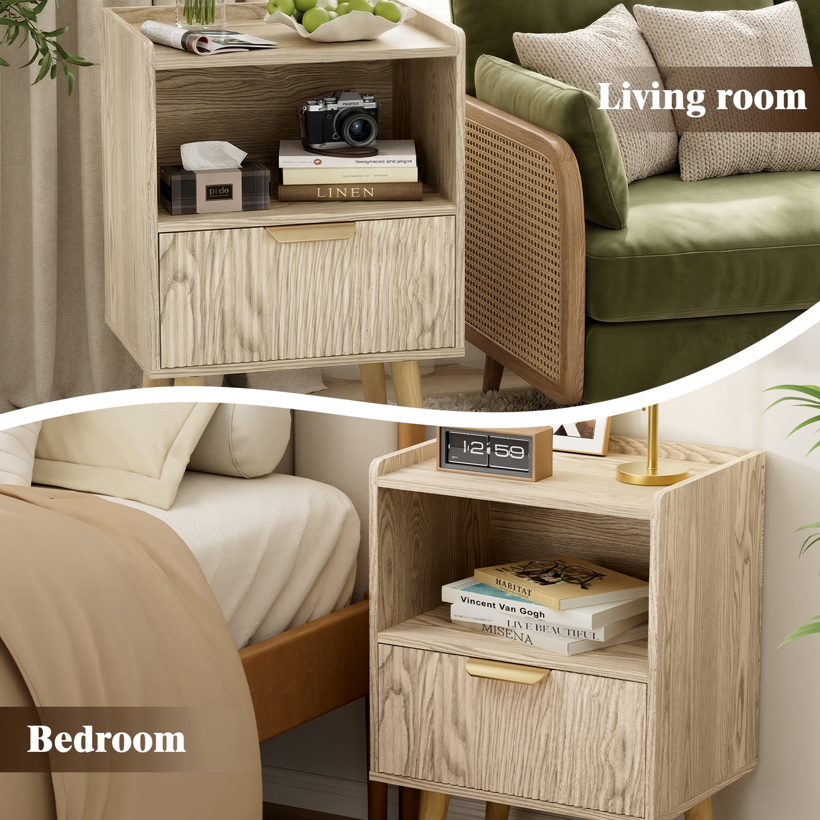 Gelloan Fluted Nightstand, Bed Side Table with Drawer, Solid Wood Feet, Open Storage, End Table with Raised Edge, for Bedroom, Dorm and Small Spaces,Natural