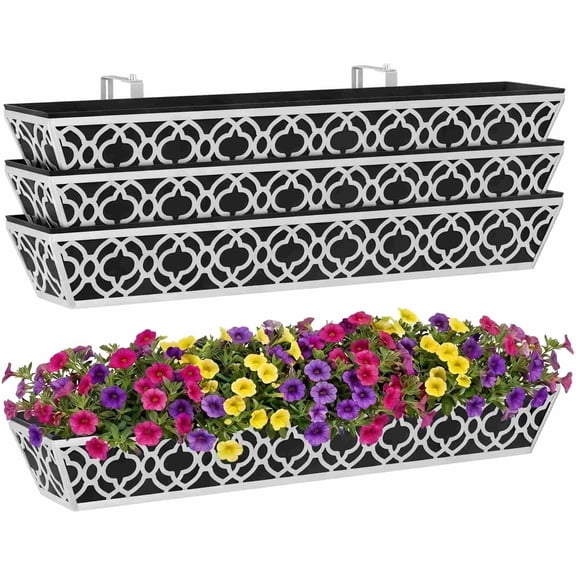 Y&M 36 Inch Window Deck with Nonwoven Fabric Liner, 36" Boxes Horse Trough Coco Basket Railing Planter Metal Hanging Flower for Outdoor Garden Fence Lawn, 4packs
