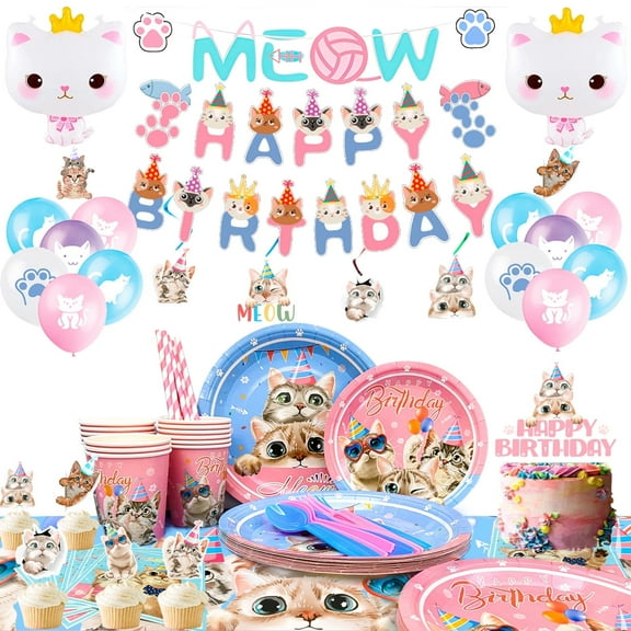 Cat Birthday Party Supplies,Cat Party Decorations&Tableware Set-Kitten Birthday Party Decoration Balloons Banner&Cat Party Plates Cups Napkins Tablecloth etc Cat Themed Birthday Party Supplies