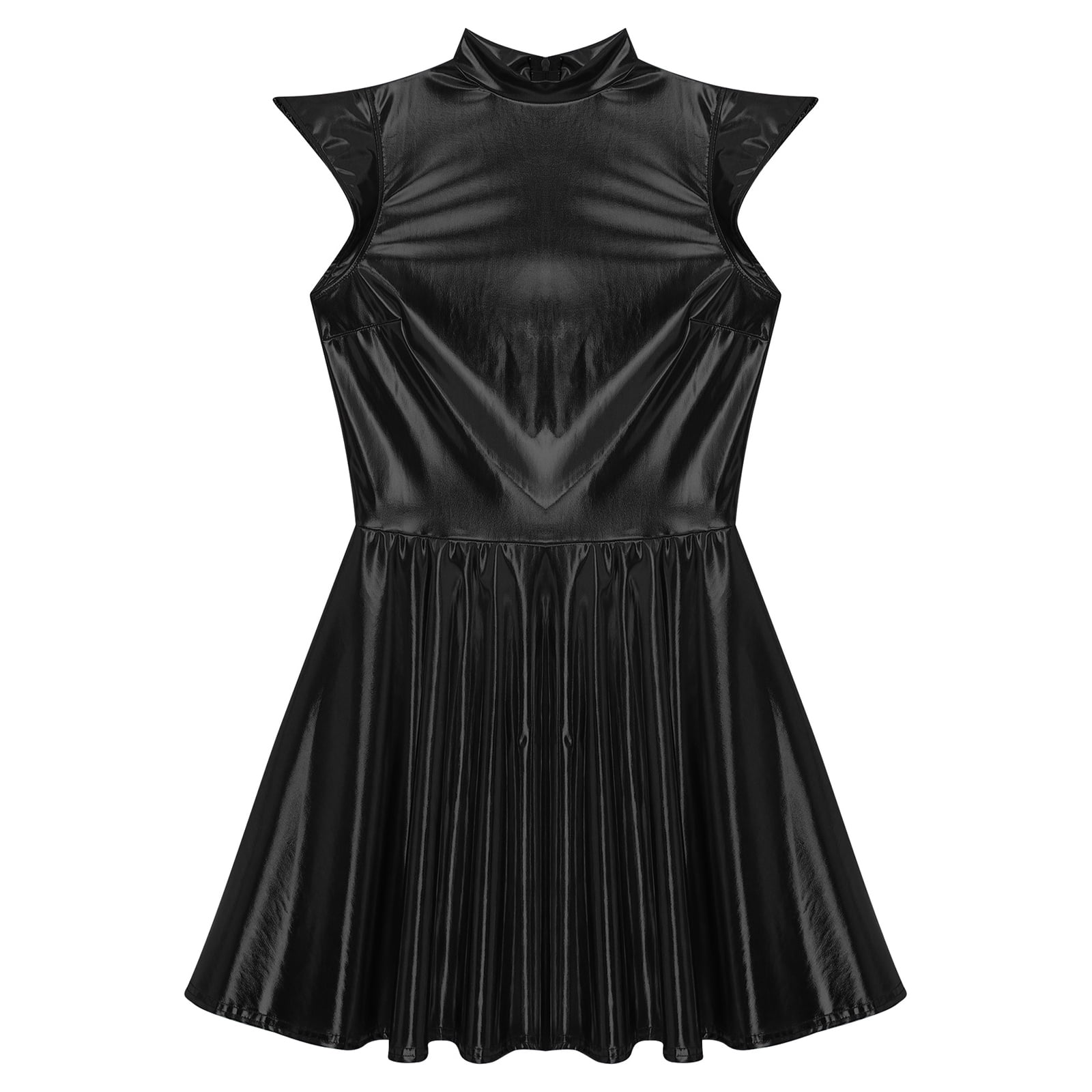 iiniim Women Shiny Metallic Holographic High Waisted Flare Skater Dress Carnival Party Black XXL