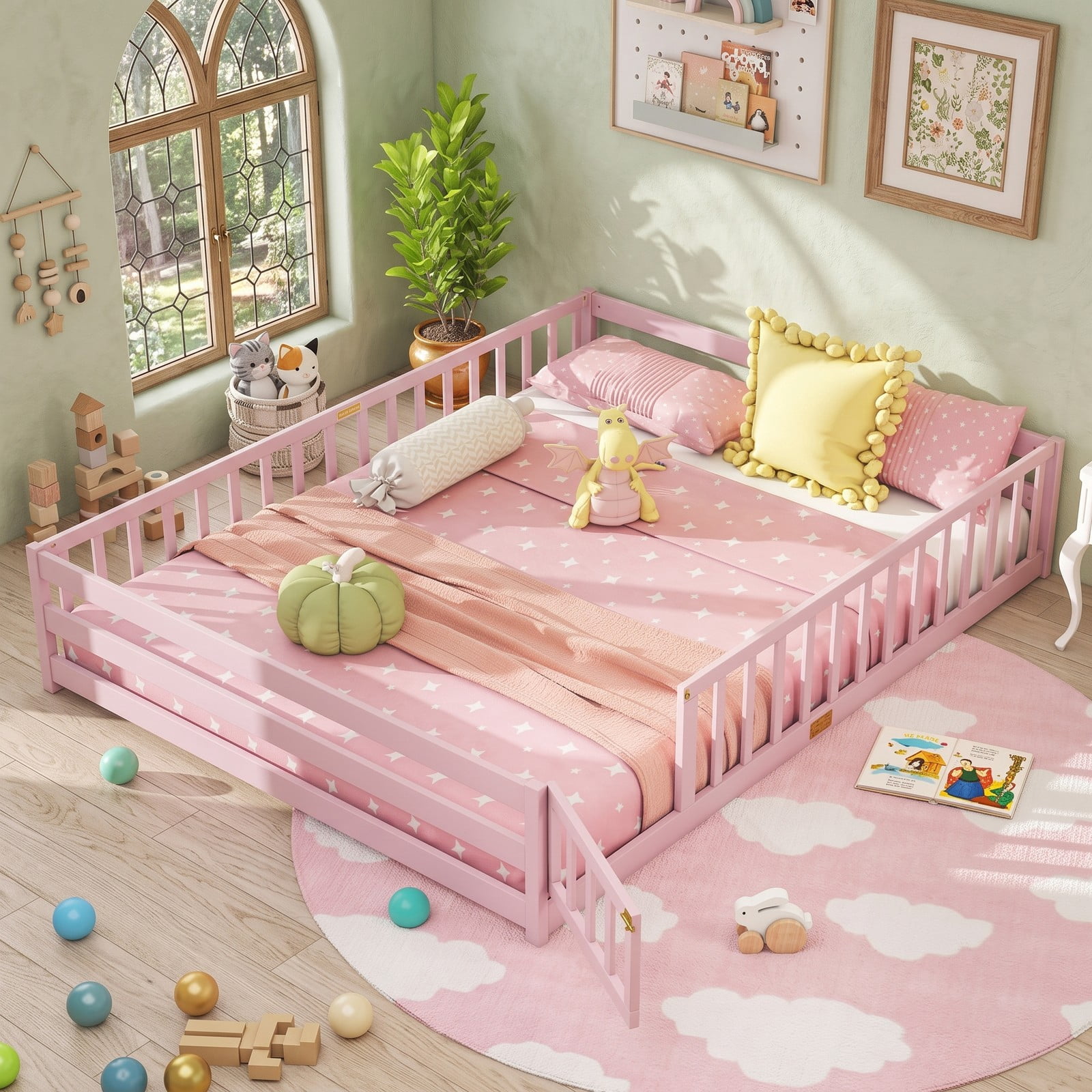 Furnibear Queen Size Wood Montessori Floor Bed Frame with Full Length Guardrails and Lockable Gate, Queen Bed Frame for Kids Bedroom, Pink