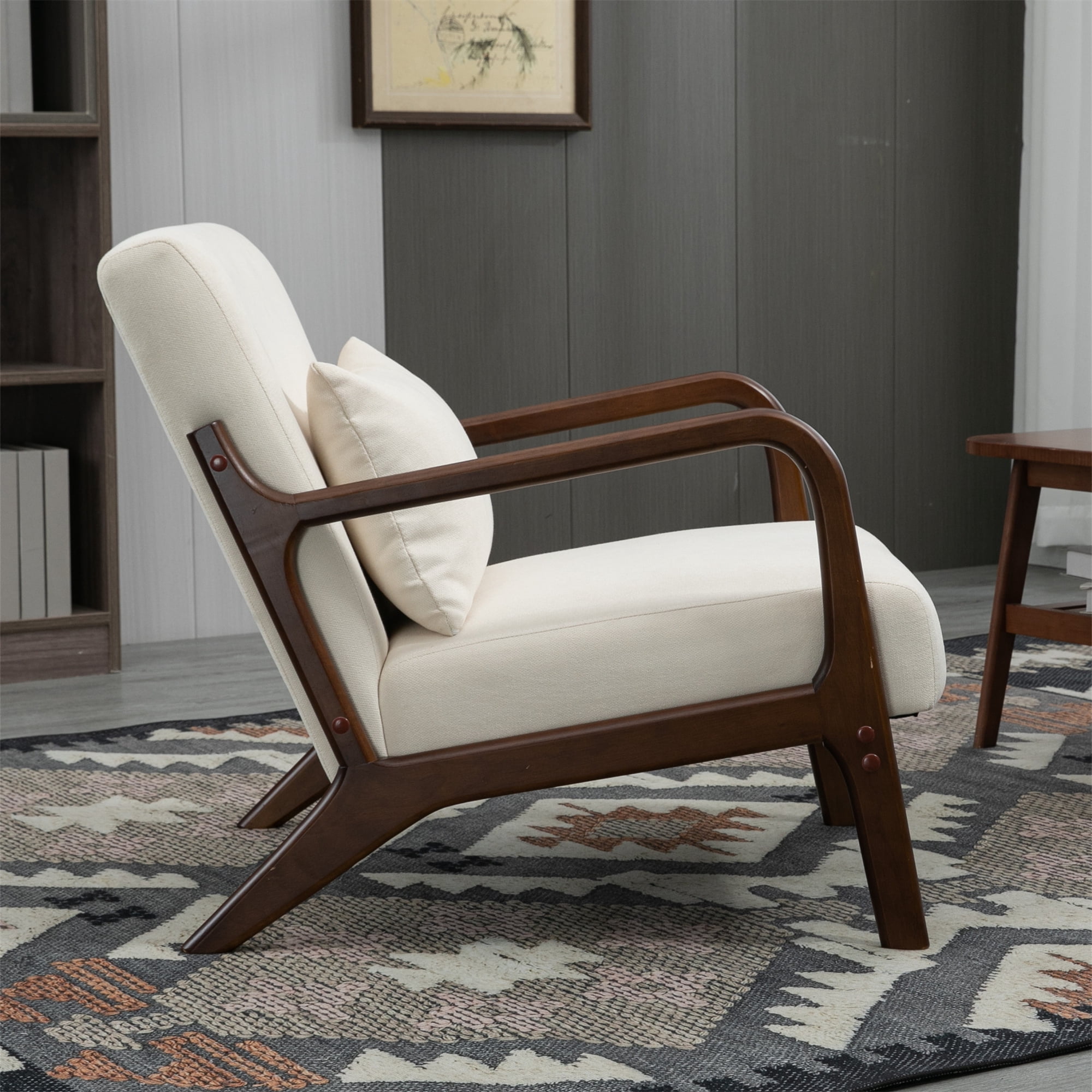 Aukfa Mid Century Modern Accent Chair w/ Lumbar Pillow for Living Room, Wood Frame, Velvet, Beige