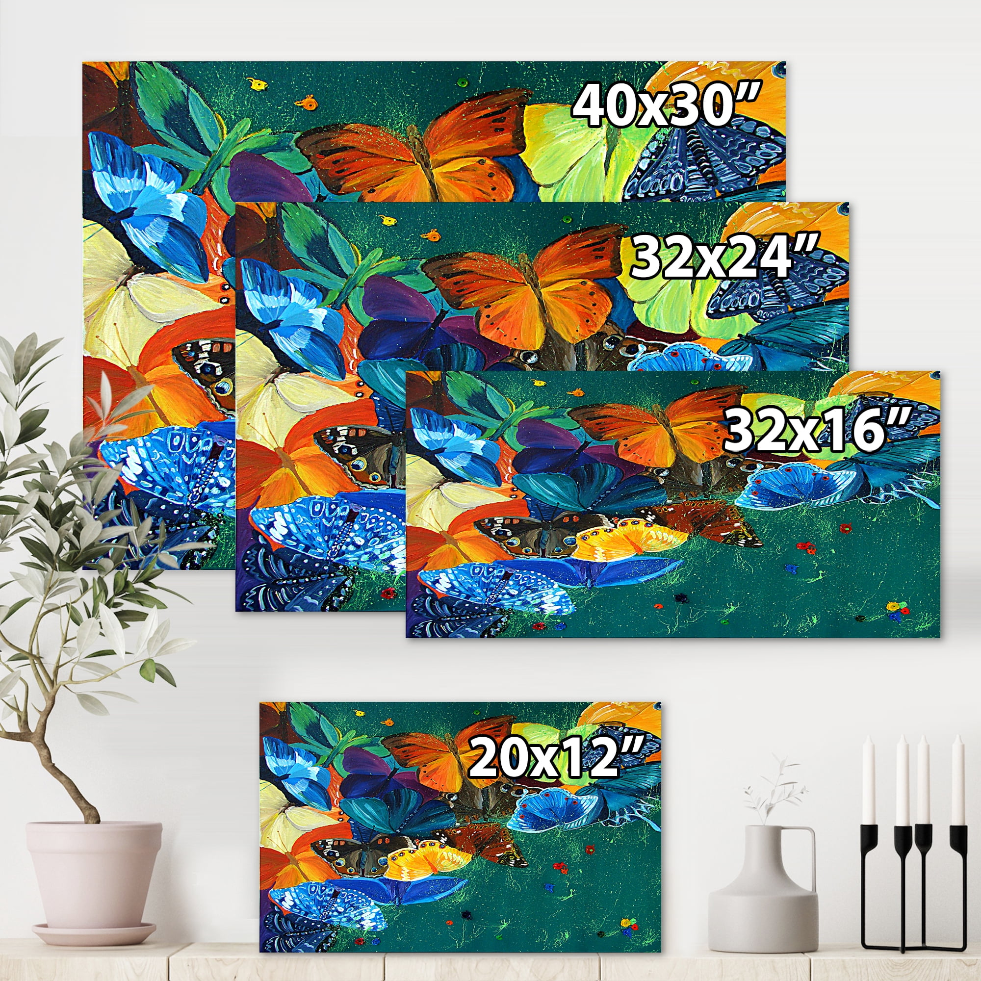 Designart ' Abstract Colour Butterflies On A Gree ' Modern Canvas Wall Art Print