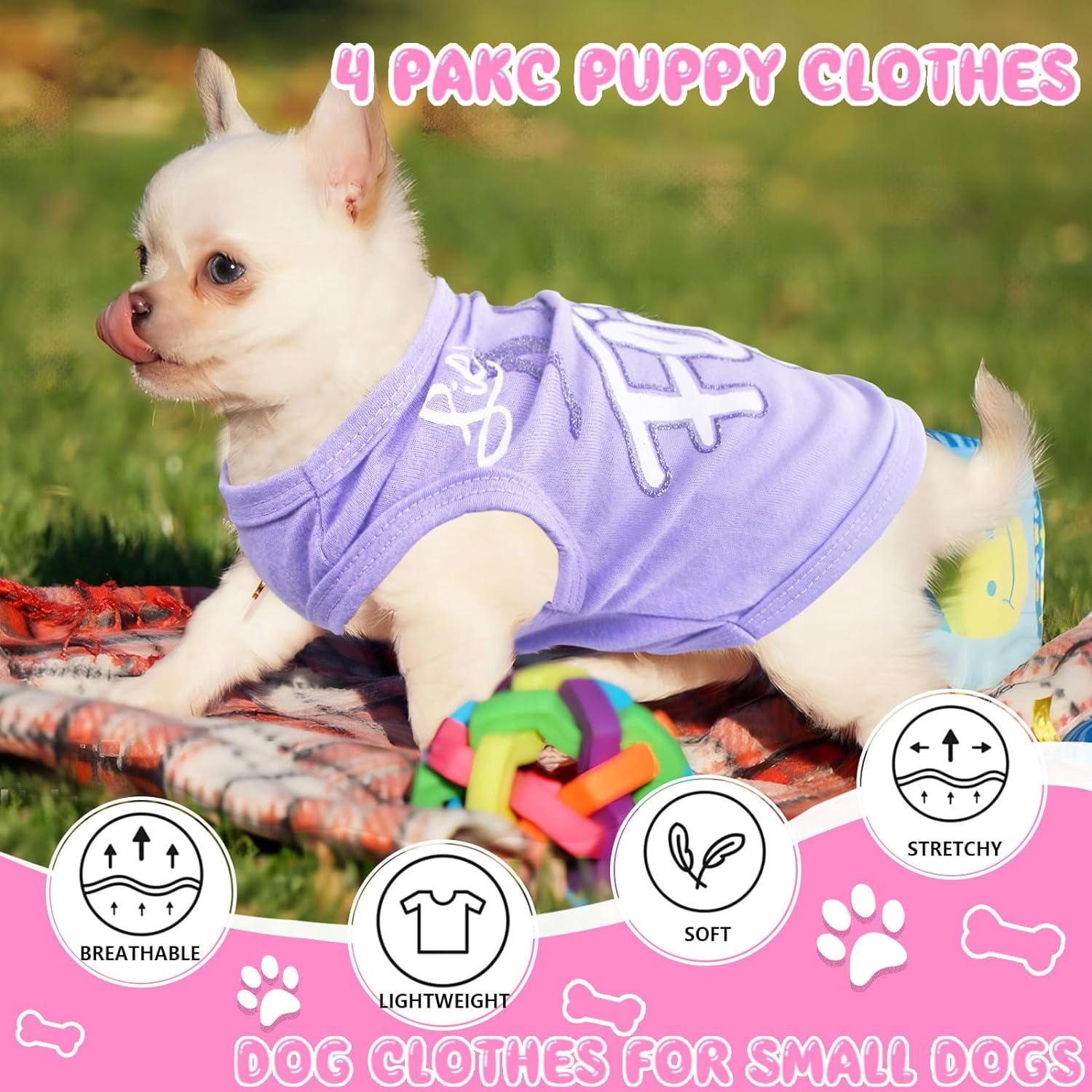 4 Pieces Puppy Clothes for Small Dogs Girl Summer Soft Puppy Clothes Cute Chihuahua Teacup Dog Clothes Female Dog Shirts Breathable Pet Clothing Pink Girl Dog Clothes (X-Small)