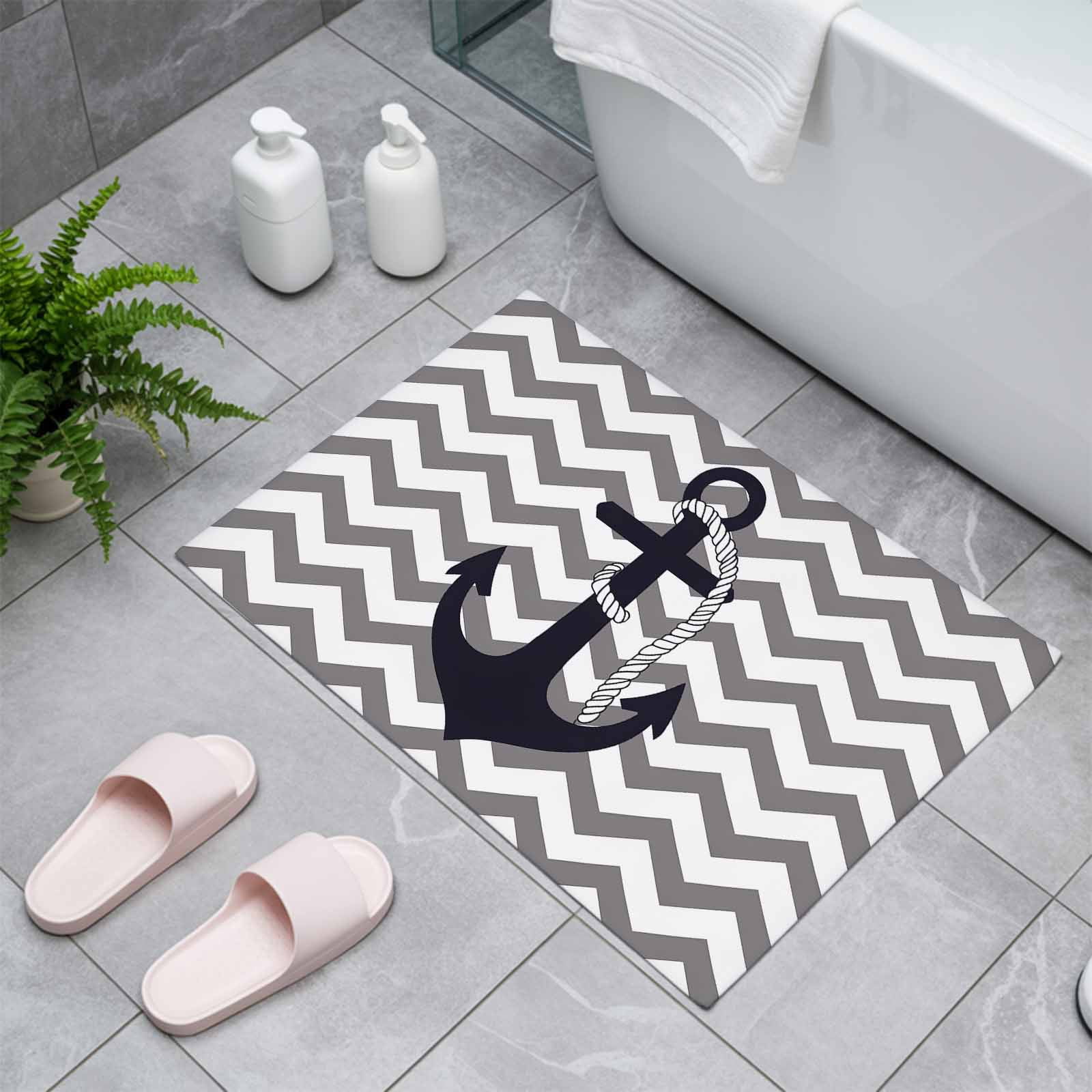 Black Nautical Anchor Indoor Door Mat - 18"x30", Non-Slip Welcome Mat for Outdoor, Gray Stripe Modern Wavy Lines Front Doormat for Entry, Low-Profile Doormat Entrance Rug for Kitchen/Bathroom