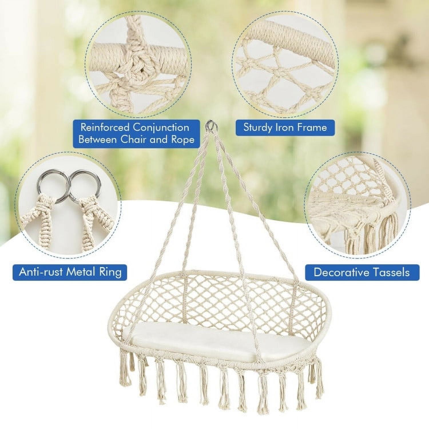 Aimee Lii 2 Person Hanging Hammock Chair with Cushion Macrame Swing, Patio Swing Chair, Beige