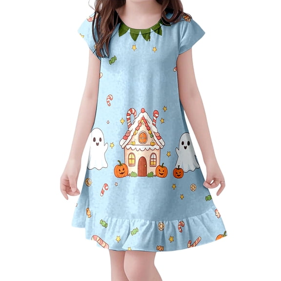 Curuila Toddler Child Girls Halloween Dress Flutter Sleeve Hallowmas Ghost Print Crew Neck For Party Comfortable Dresses Size 3-4 Years