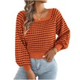 thumbnail image 3 of Women Plaid Knit Sweater Squares Neck Long Puff Sleeve Waist Cuffs Short Knitwear Pullover Tops for Casual Daily Wear Orange XL, 3 of 9
