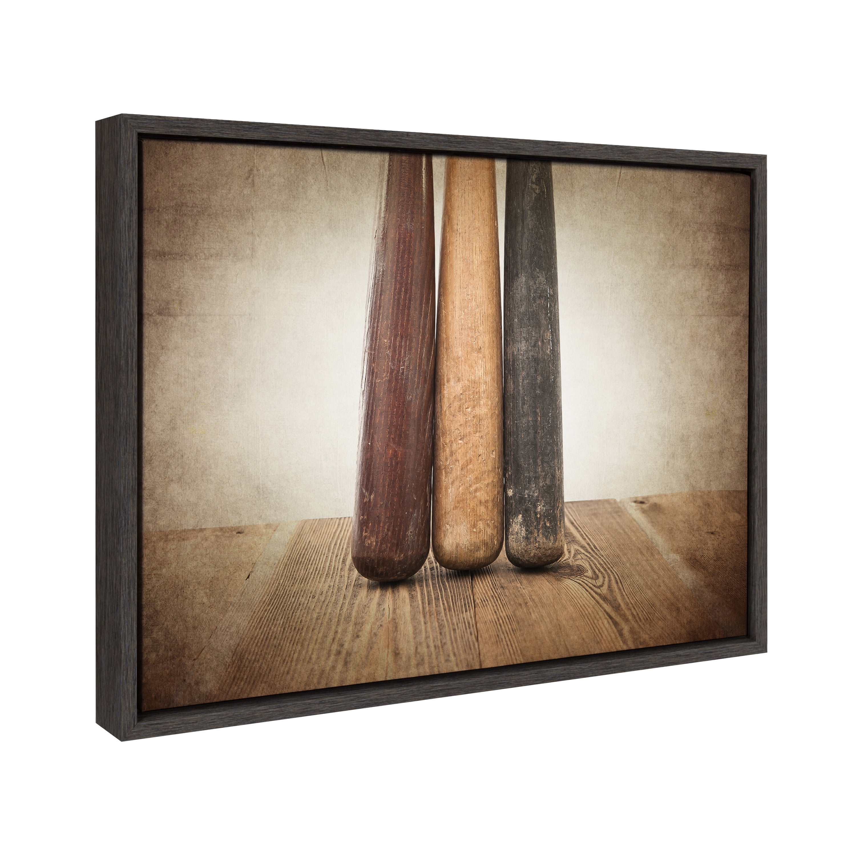 DesignOvation Sylvie Three Vintage Bats Framed Canvas By Shawn St. Peter, 18x24 Dark Grey, Transitional Sports Wall Decor For Office, Bedroom, Or Living Room
